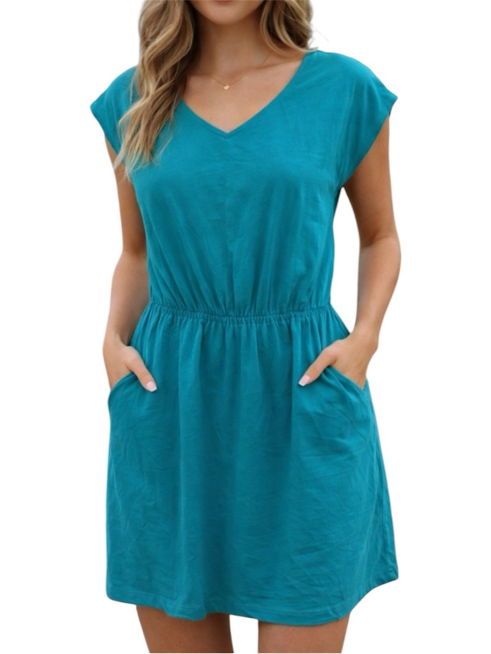 Mossimo Teal Mini Dress Pockets V Neck Elastic Waist Beachy Casual Summer Size S